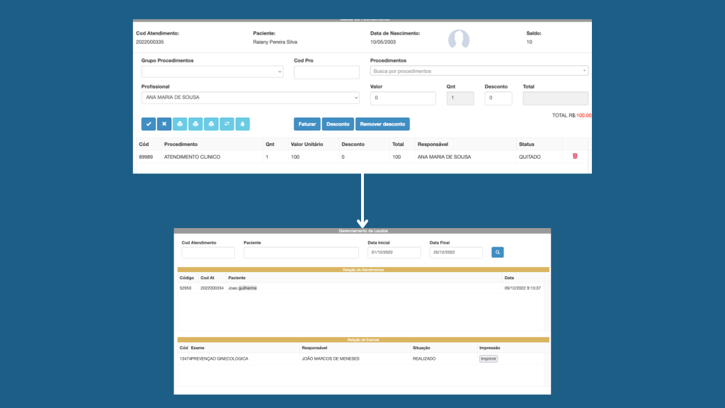 lançamentos de procedimentos para gerenciamento de exames.